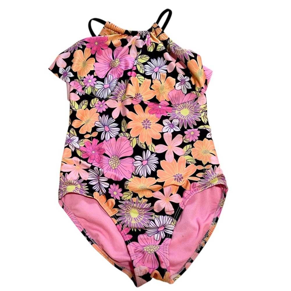 EUC - Girls Wonder Nation One Piece Swimsuit - Size 7/8, Pink and Orange Floral